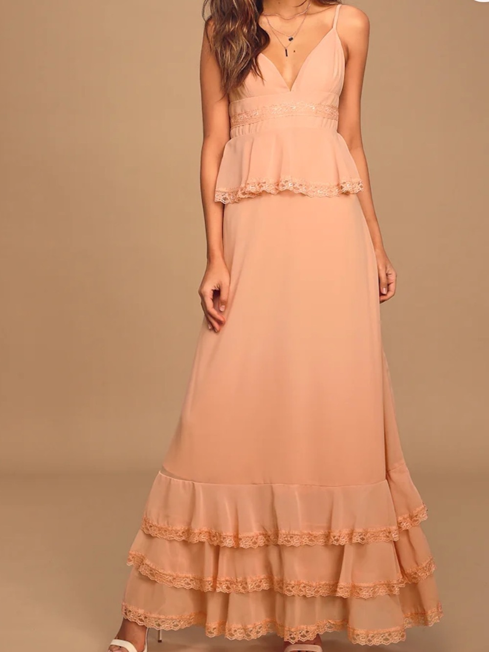 New Blush Pink Tiered Ruffle Lace Maxi Dress